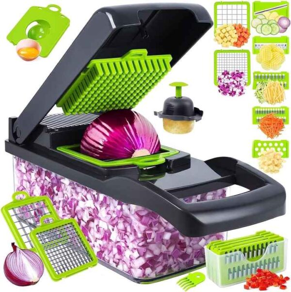 16-in-1 Multifunctional Onion Chopper with Container Cheese Slicer Food Chopper 8 Blades Veggie Vegetable Chopper