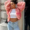 Autumn Fashion Casual Streetwear Pink Striped Long Lantern Sleeves Loose Mohair Crochet Short Knit Cardigan Women's Sweater