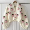 Winter Retro Custom Thick pink Rose Ladies Gift Floral Short Knitted Woven Handmade Crochet Women Cardigan Sweater