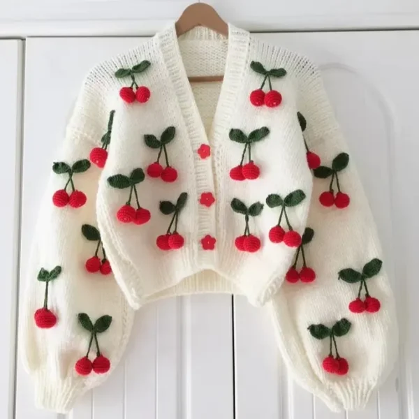 Winter Retro Custom Thick pink Rose Ladies Gift Floral Short Knitted Woven Handmade Crochet Women Cardigan Sweater