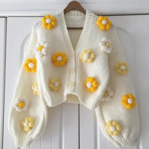 Winter Retro Custom Thick pink Rose Ladies Gift Floral Short Knitted Woven Handmade Crochet Women Cardigan Sweater
