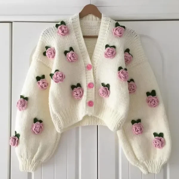 Winter Retro Custom Thick pink Rose Ladies Gift Floral Short Knitted Woven Handmade Crochet Women Cardigan Sweater